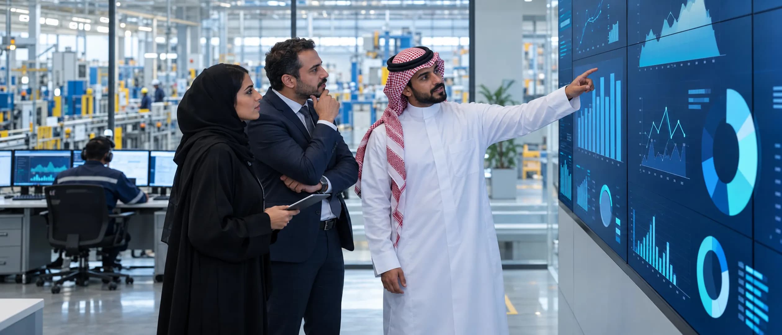 Operations leaders reviewing a live dashboard on site