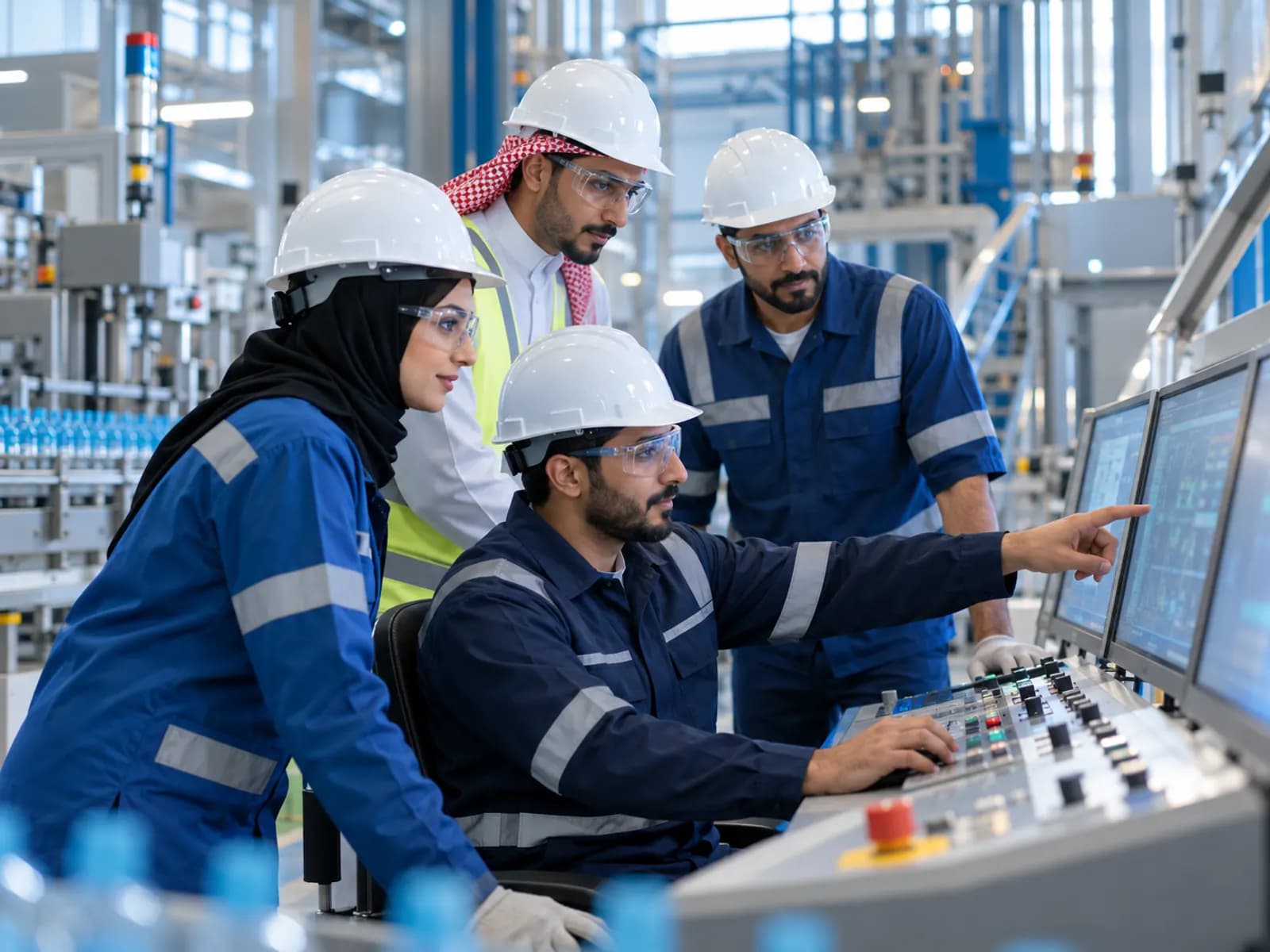 Manufacturing line with operators and monitoring screens